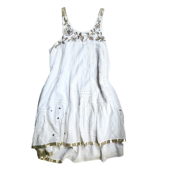 Anthropologie Leifsdottir LEIFNOTES Hi-Lo white Eyelet Gold Beaded Dress, Sz 6 - Picture 3 of 16
